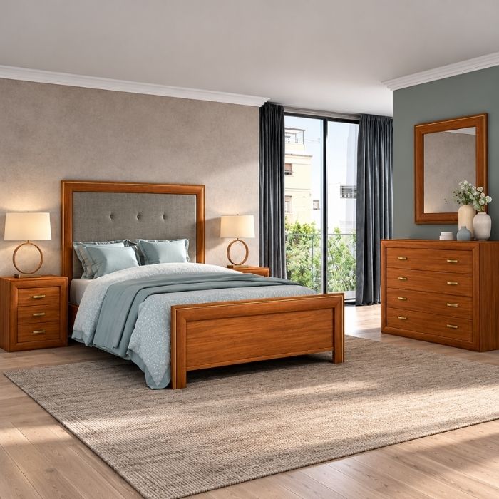 116 - Composición 624016/T de dormitorio en nogal con cabecero tapizado y detalles dorados