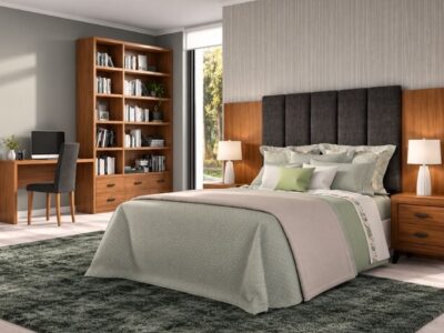 116 - Composición 624031 de dormitorio en nogal con cabecero integrado y mesillas