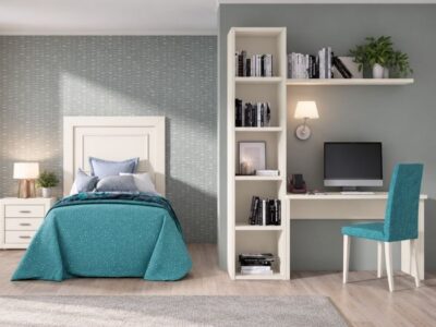 116 - Composición de dormitorio en blanco 624010 con cabecero, mesilla y sinfonier
